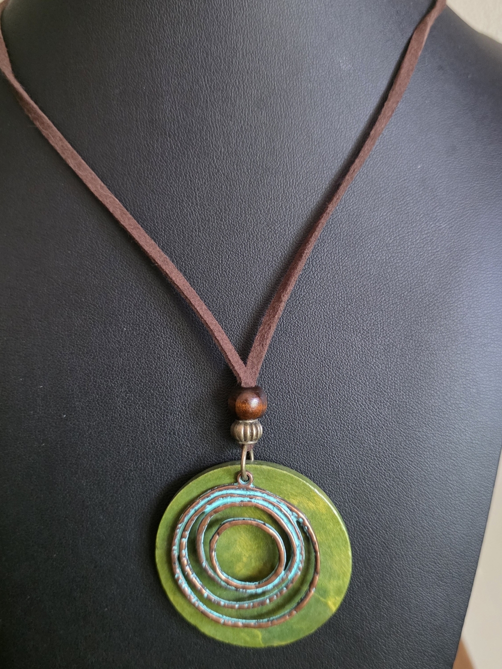 Handmade Green Circle Pendant Necklace with Brown Suede Cord. Earthy · Artisan ·